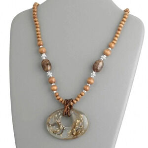 Bold Retro Brown Clear Wood and Lucite Acrylic Pendant Necklace 28" Long